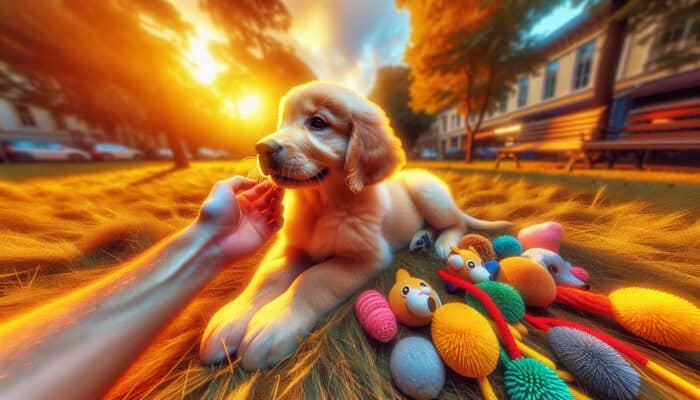 A fluffy golden retriever puppy calmly plays with its owner in a sunny park, responding to the "gentle" command, with soft toys nearby.
