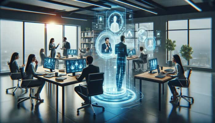 Professionals in a sleek office collaborate via holographic calls with remote workers at home desks, aided by digital virtual assistants, symbolizing productivity and global connectivity.