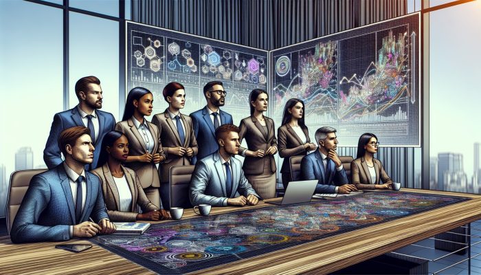 Financial experts in a modern boardroom analyze debt consolidation interest rate graphs on large screens, surrounded by laptops and charts.