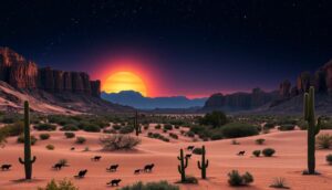 A desert landscape at sunset with a large sun low on the horizon, casting an orange glow. Saguaro cacti and sparse bushes dot the sandy dunes—ideal for Scenic Adventures in California Desert Parks. Rocky mesas rise under a starry sky.