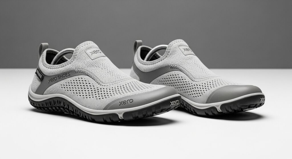 A pair of light grey slip-on athletic shoes with mesh uppers, rubber soles, and "Xero Shoes" branding offers all-day comfort and walking excellence, set against a plain grey and white background.