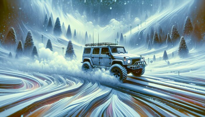 A rugged SUV equipped with snow tyres and a powerful heating system navigating safely through icy, snowy roads.