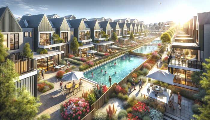 A row of modern townhouses in Kimberley with lush shared gardens, a sparkling community pool, and residents chatting in recreational areas.