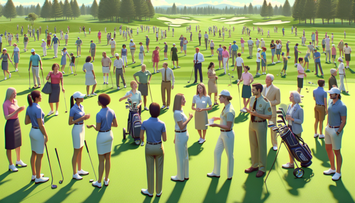 Vibrant scene at Malmesbury Golf Club: staff in uniforms and volunteers on green fairways, supervising golfers under a sunny sky.