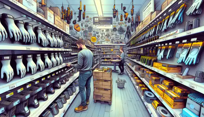 A customer examines shiny polythene gauntlet gloves on shelves in a busy Havant hardware store, surrounded by tools.