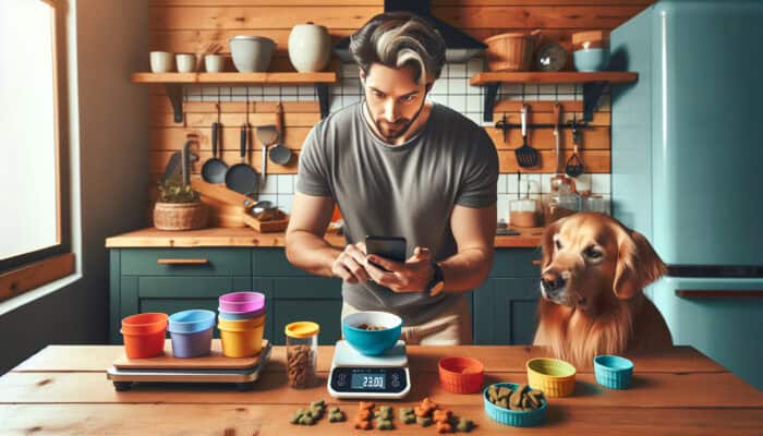 In a bright kitchen, a pet owner measures dog treats using a colorful cup, digital scale, and smartphone app, with a curious golden retriever nearby.