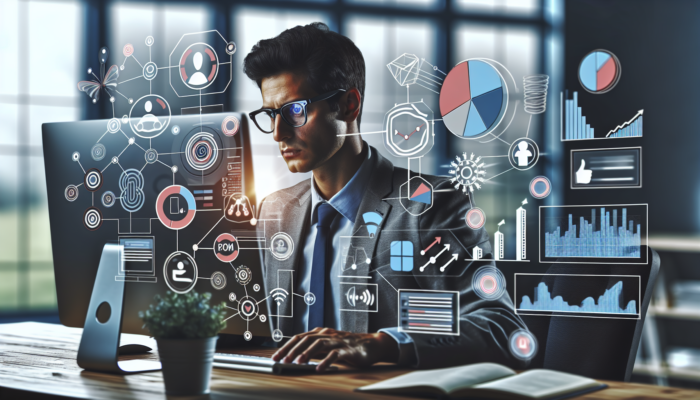 Entrepreneur in Blandford Forum office analyses dashboards showing website traffic graphs, social media engagement icons, lead funnels, and rising conversion rates.