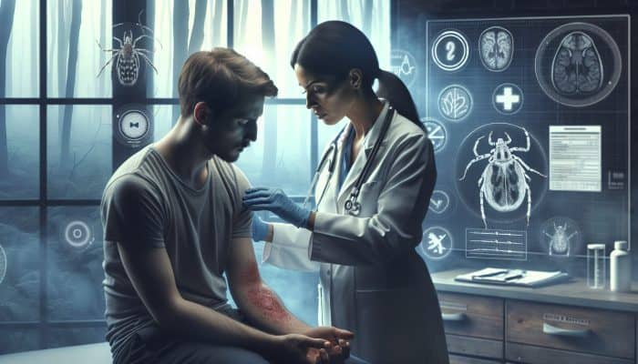 A UK doctor examining a patient's rash and fatigue in a dimly lit clinic, surrounded by test results, ticks, and a foggy woodland backdrop.