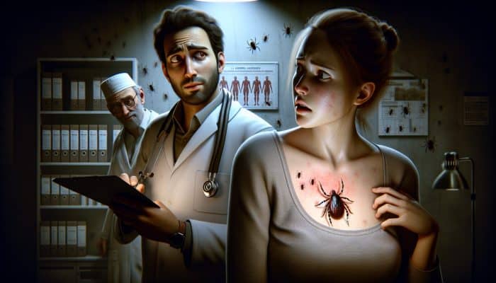 A puzzled doctor in a dimly lit clinic examining a patient's subtle bull's-eye rash, with overlooked ticks lurking in shadows.