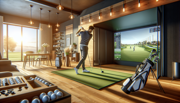 A focused golfer practices on a high-tech indoor simulator in a modern South African home, surrounded by reliable equipment under warm lighting.