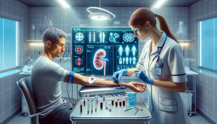 A nurse in a modern UK clinic draws blood for a kidney test, surrounded by lab equipment and a digital kidney diagram.