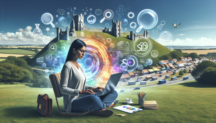 Small business owner in Corfe Castle analyses keywords on laptop with SEO icons, amid ancient ruins and sunny sky.