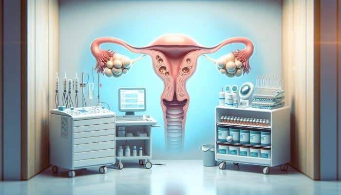 Illustration showing a woman's ovaries with decreasing egg count, symbolising low AMH levels and fertility challenges in a modern UK clinic with hormone graphics and IVF tools.