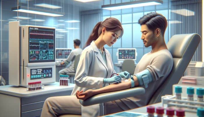 Lab technician collecting blood for AMH testing in a cutting-edge UK clinic equipped with advanced technology and NHS logos.