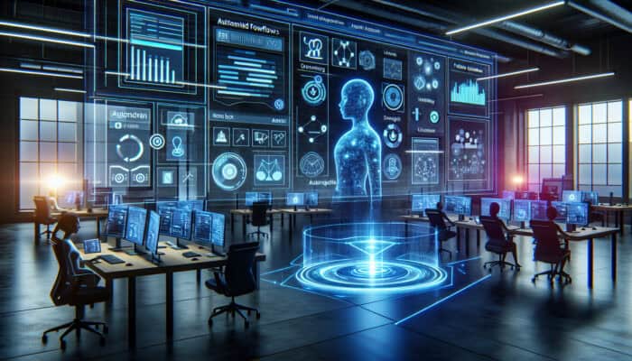 Holographic AI assistant manages tasks on glowing screens in a futuristic workspace with automated workflows, data graphs, and predictive calendars.