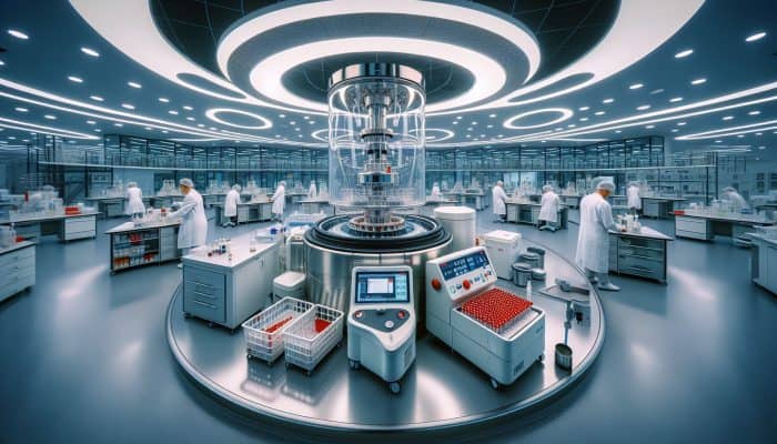 In a modern Bromsgrove lab, a centrifuge spins blood samples while scientists monitor an automated analyser displaying cholesterol results under bright lights.