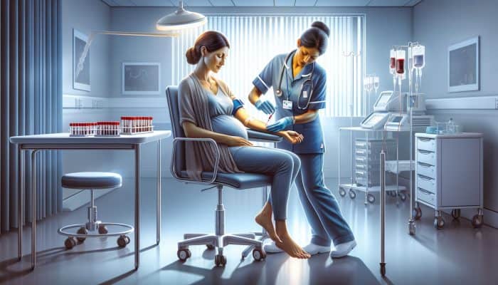 A compassionate nurse in a modern UK clinic draws blood from a serene pregnant woman's arm using a syringe, with test tubes and lab equipment on a sterile table.