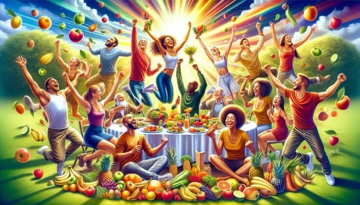 Illustration of diverse people enjoying fresh fruits and vegetables outdoors, radiating energy and vitality through glowing auras.