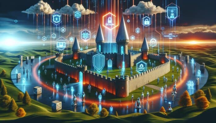 A digital fortress representing secure forum hosting with SSL shields, firewall barriers, backup vaults, and anti-malware protections in a vibrant cyber landscape.