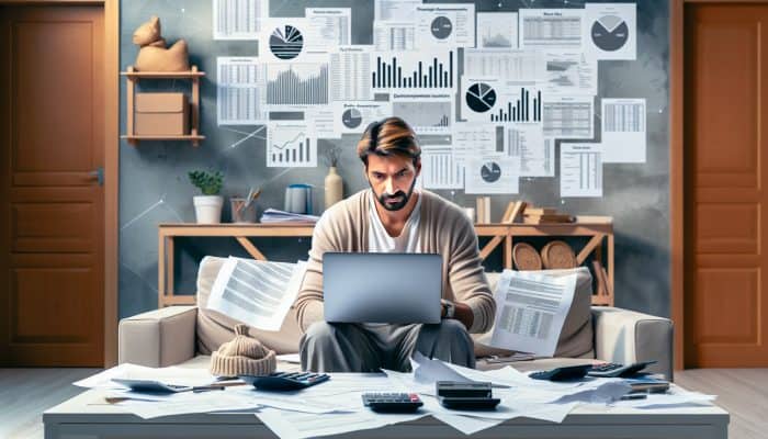 A focused homeowner in a cozy UK home office reviews debts on a laptop, surrounded by calculators, income documents, and lender rate charts.