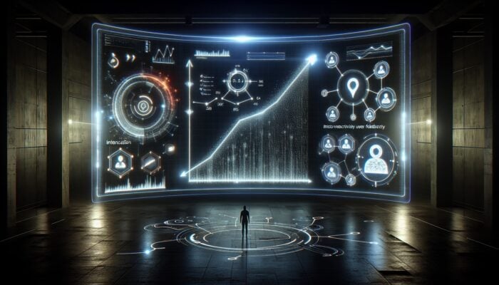 A futuristic digital dashboard displaying rising dwell time graphs, decreasing bounce rates, interconnected backlinks, and glowing user review icons for E-E-A-T analysis.