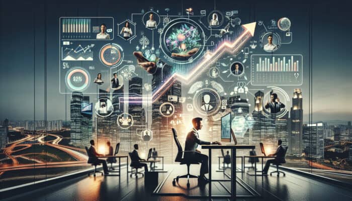 Entrepreneur in modern Singapore office video calls remote VA managing inquiries, while innovating amid upward-trending charts.