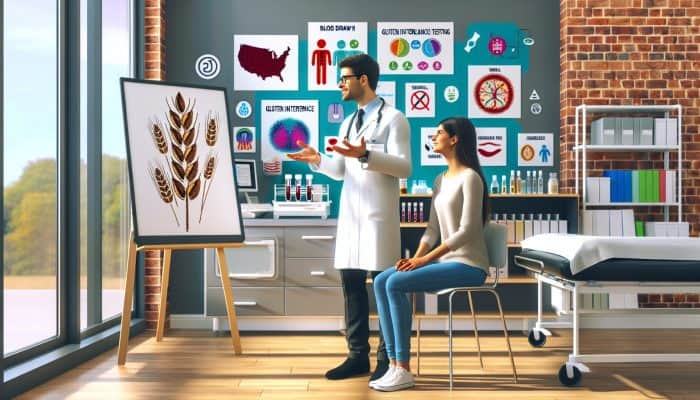 In a modern Willenhall clinic, a doctor discusses gluten intolerance testing with a patient amid medical equipment and wheat-related symbols.