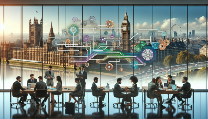 A project manager in a contemporary London office observing Big Ben while reviewing a Gantt chart, as team members discuss strategies for communication regarding project timelines.