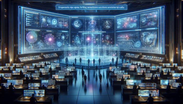 In a futuristic command centre, engineers analyse holographic edge protection systems on glowing monitors, with dynamic barriers ensuring operational continuity.