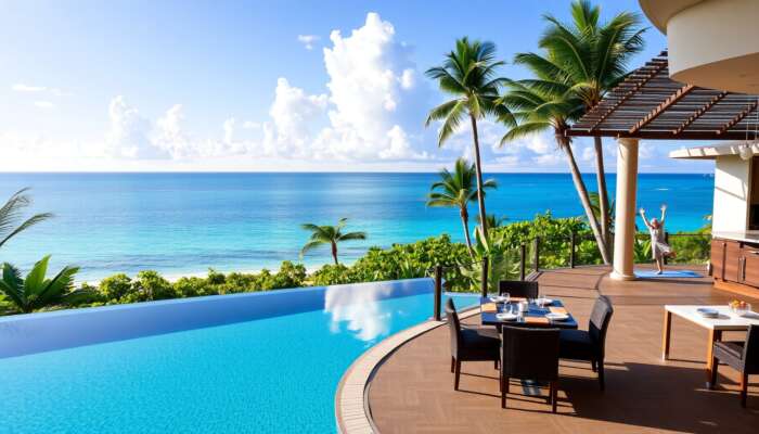 Luxurious beachfront property in Belize with an infinity pool, modern fitness center, wellness spa, elegant dining area featuring farm-to-table cuisine, and guests practicing yoga on a deck with ocean views amidst lush tropical gardens.