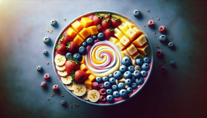 A vibrant smoothie bowl with ripe bananas, blueberries, strawberries, mango, and pineapple on swirled yogurt.