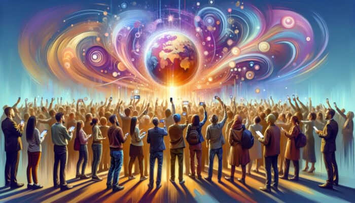 Diverse viewers gathered around a glowing screen, voting on a video poll with smartphones, discussing and smiling in a vibrant modern setting.