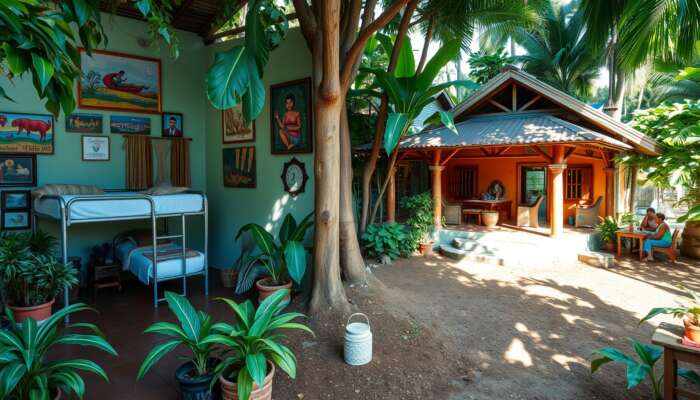 Cozy hostel with shared dormitories and communal spaces in Belize, surrounded by greenery, alongside a charming vacation rental and a traditional homestay showcasing local culture.