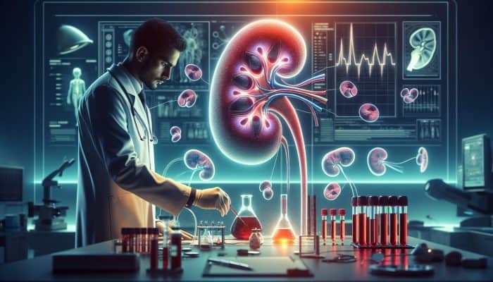 What Is EGFR: Illustration of a human kidney with a colorful EGFR graph in a modern NHS lab, showing a doctor examining blood samples and tools.