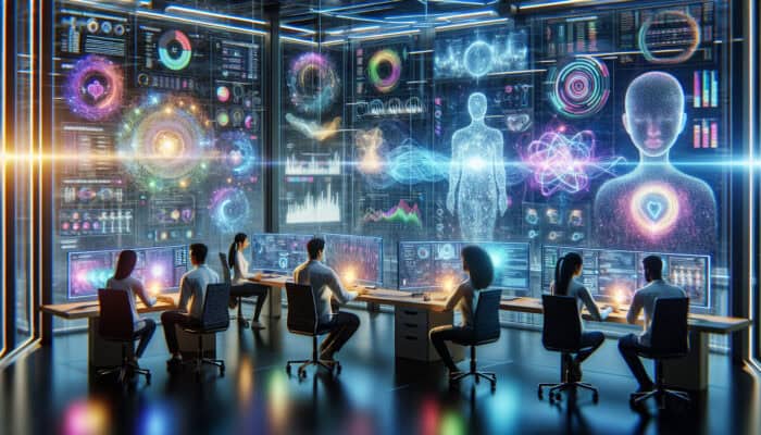 A futuristic laboratory scene with engineers fine-tuning code on holographic screens, showcasing rising graphs of improved chatbot response times and accuracy.