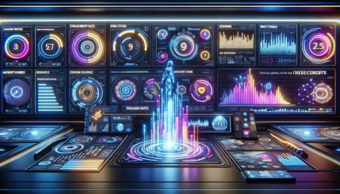 A futuristic digital dashboard showcasing graphs of increasing engagement rates, accuracy scores, and resolution times for AI chatbots, complete with holographic elements.