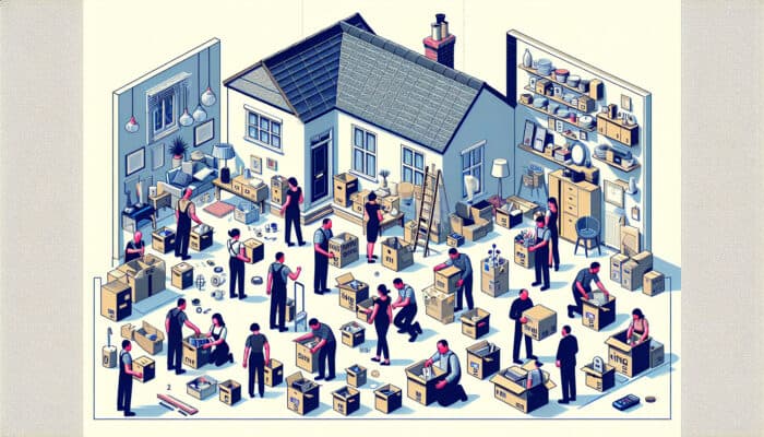 Fast House Clearance Techniques in the UK: Busy UK home clearance: workers sorting items into labeled boxes for keep, sell, donate, and dispose under natural light.