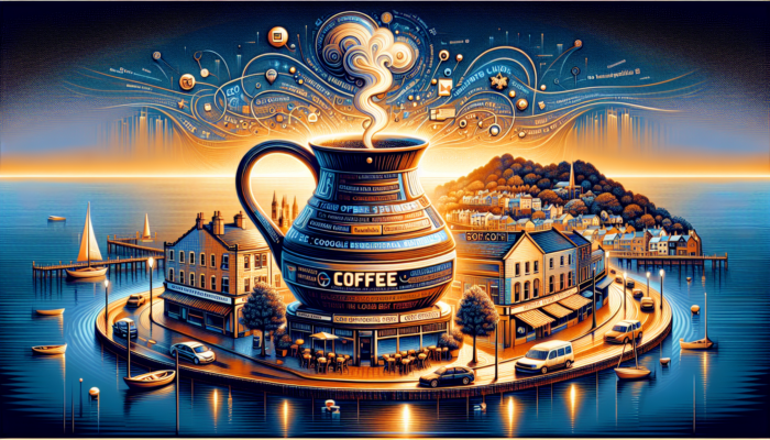 A vibrant Poole street scene with a cozy café sign "best coffee in Poole," overlaid with glowing SEO keywords and Google My Business elements for local visibility.