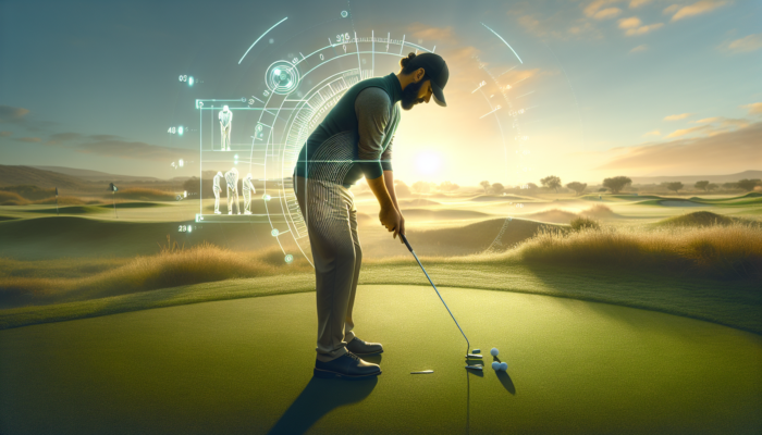 A professional golfer testing various putter lengths on a lush green course at dawn, with holographic overlays under a golden sky.