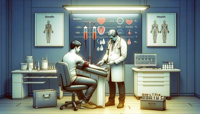 Cholesterol Blood Test in Abingdon-on-Thames: In a modern NHS clinic, a healthcare professional draws blood for a cholesterol test, with graphs showing LDL, HDL, and triglycerides.