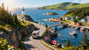 A scenic coastal road, perfect for a Canadian Maritimes driving tour, curves past a lighthouse on a rocky cliff. An RV cruises by colourful houses and boats in a harbour with two Canadian flags, surrounded by pines and green hills under a blue sky.