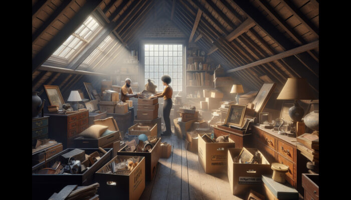 Workers in a cluttered British attic sorting old furniture and memorabilia, with sunlight revealing recycling bins and donated goods.