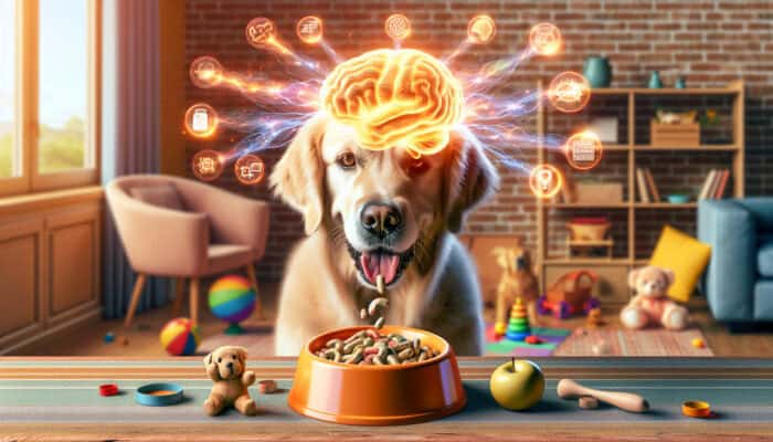 A golden retriever curiously consuming brain-boosting supplements, with glowing neural networks emanating from its head, in a sunny home surrounded by toys.
