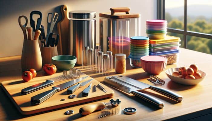 A well-organised kitchen countertop featuring sharp knives on a wooden board, colourful measuring cups, sturdy glass containers, and a can opener illuminated by warm light.