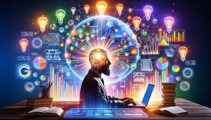 Digital workspace featuring an SEO expert analysing metrics graphs, user feedback, glowing world map, balanced scales, books, and light bulbs.