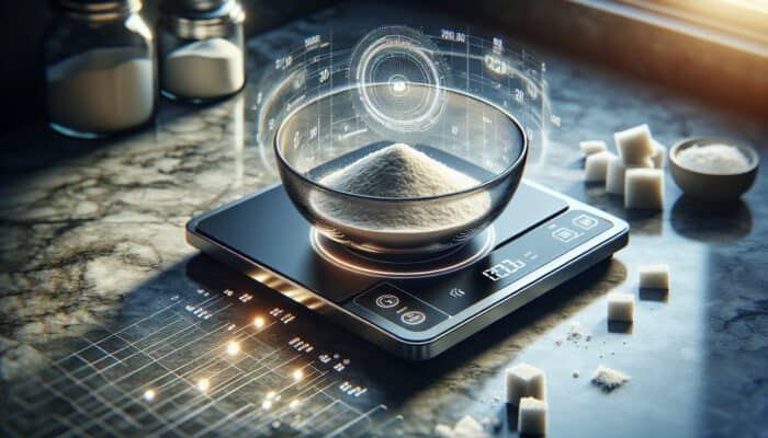 A modern digital kitchen scale weighs flour and sugar in a glass bowl on a granite countertop, with glowing LED numbers.