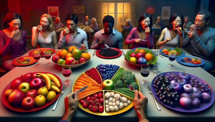 A vibrant kitchen still life featuring red fruits on a plate evoking hunger, blue vegetables suppressing appetite, and diverse diners reacting.