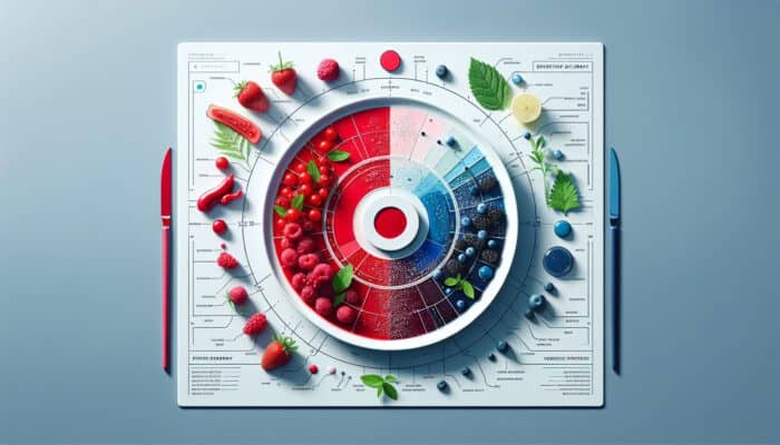 An elegant dish featuring red berries, blue sauces, and fresh greens on a white plate, illustrating colour psychology in a modern setting.