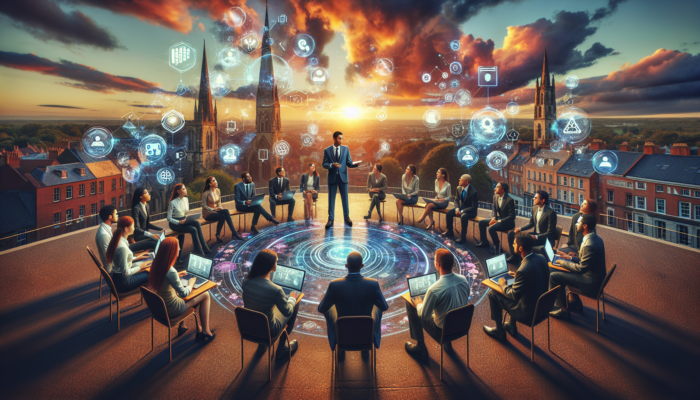 A team of diverse professionals discussing social media strategies on laptops against the scenic backdrop of Shaftesbury's Gold Hill at sunset, surrounded by digital icons.