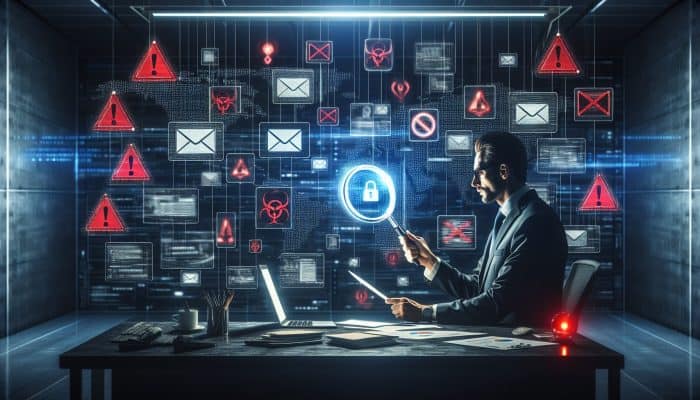 Debt Consolidation Scams to Avoid in the UK: Key Warnings | DCL A cybersecurity expert scrutinises deceptive emails and counterfeit websites under a glowing magnifying glass, surrounded by warning signs and alarms in a dimly lit office.